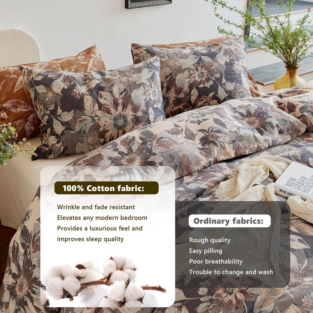 Premium 100% Cotton Muslin Duvet Cover King Size, 3 PCS Double Gauze Yarn-Dyed Jacquard Duvet Cover Set with Zipper
