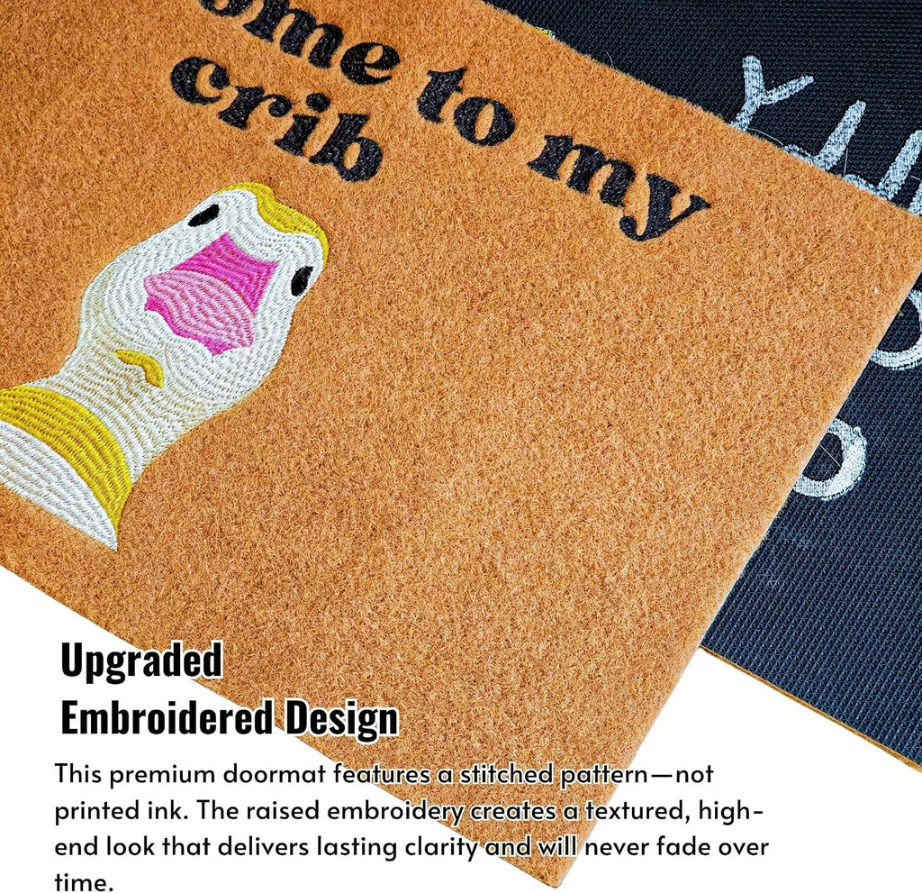"Welcome to My Crib" Doormat, 18 x 30 Inch Funny Goose Door Mat | Embroidered faux coir mat with non-slip backing and