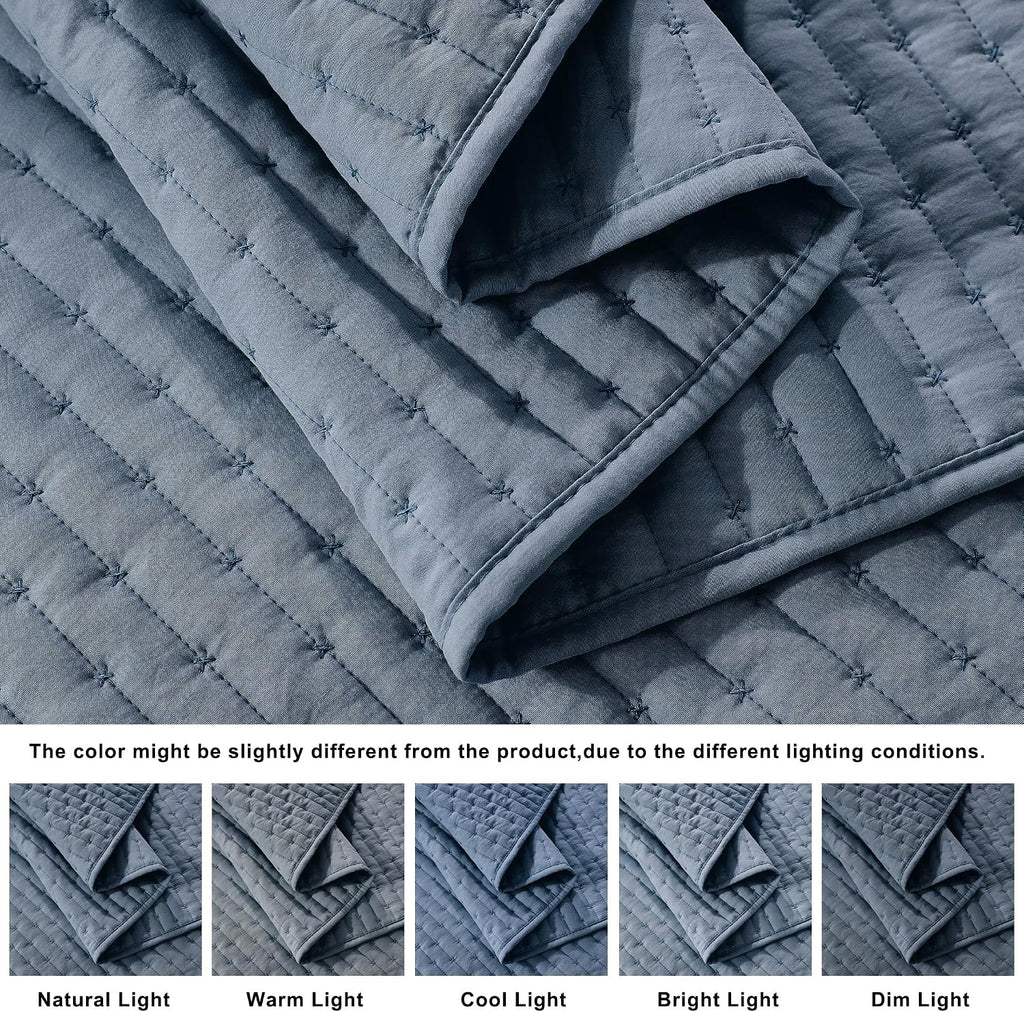 Blue Cross Stitch King Quilt Set, Striped Lightweight Soft Bedspread, Channel Farmhouse Rustic Coverlet, All Season