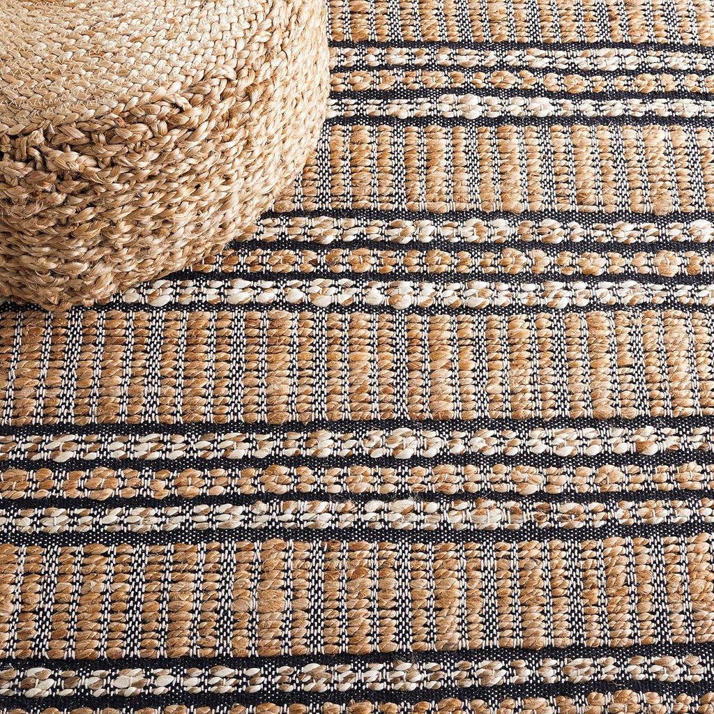 Natural Fiber Collection Area Rug - 6'6" Square, Navy & Natural, Handmade Flat Weave Stripe Jute & Cotton Jute, Ideal