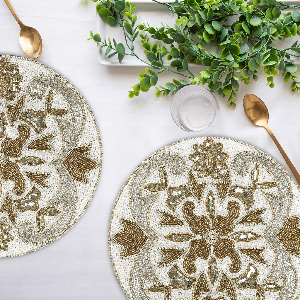 Beaded Charger Placemats Set of 2, 13" -Silver Gold Ivory