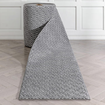 Custom Size Hallway Stair Runner - Choose Your Length - Piano Dark Grey Tribal Diamond Geometric 27 Inches Wide x 10