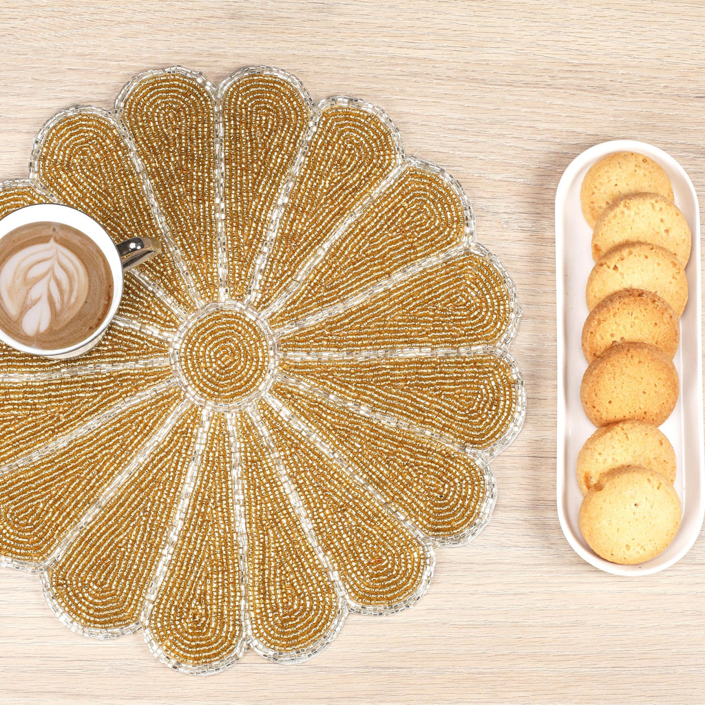 2-Pack Round Placemats, Glass Beads, Gold Silver, 13 Inch