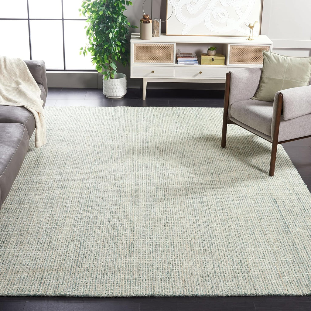 Abstract Area Rug - 9' x 12', Green & Ivory, Handmade Wool