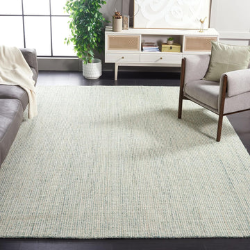 Abstract Area Rug - 9' x 12', Green & Ivory, Handmade Wool