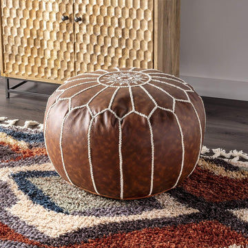Faux Leather Brown Solid Area Ottoman, ' | Faux Leather Solid ' Pouf/Ottoman Bedroom Dining Room, Brown