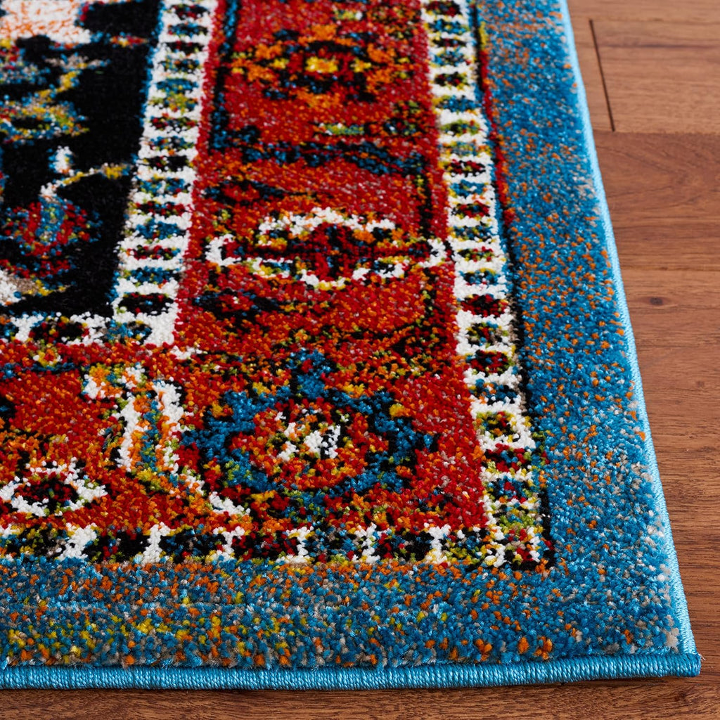 Vintage Hamadan Collection Area Rug, Blue & Red, Traditional Oriental Medallion Design, Non-Shedding &