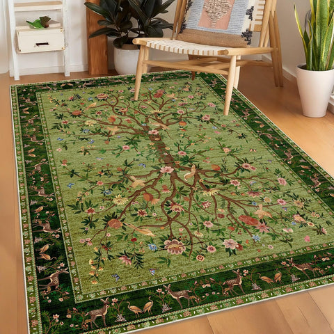 Green Area Rug 3x5 Washable, Non-Slip Small Rug Carpet, Floral Boho Low Pile Soft Throw Rugs for Ent