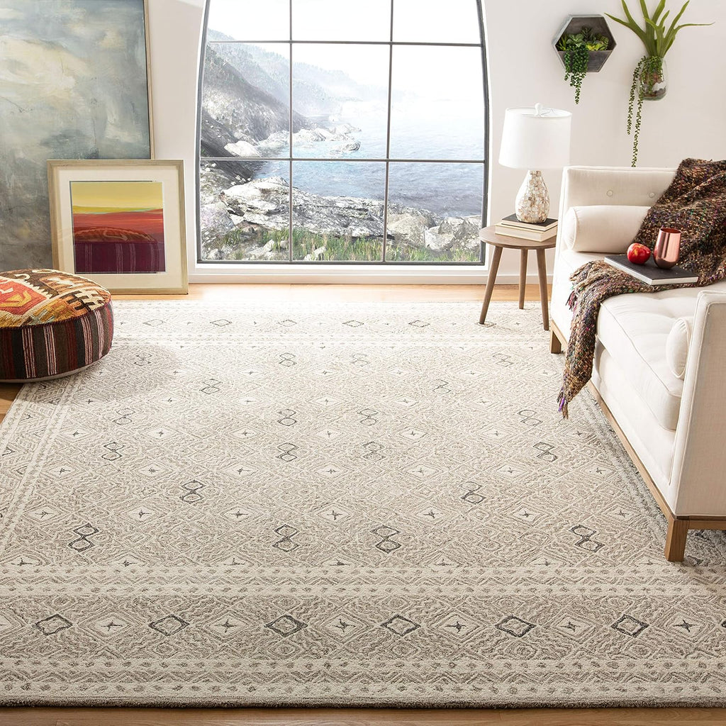 Micro-Loop Area Rug - 10' x 14', Grey & Ivory, Rustic Boho Design, Handmade Wool