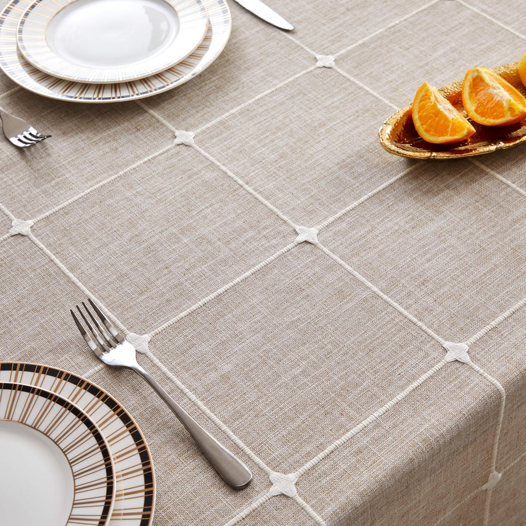 Boho Round Grid Tablecloth with Tassels, Taupe 60in