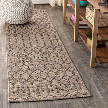 Moroccan Geometric Indoor Outdoor Runner Rug 2X8 Natural/Black, Ourika Textured Weave for Backyard, Patio, Porch