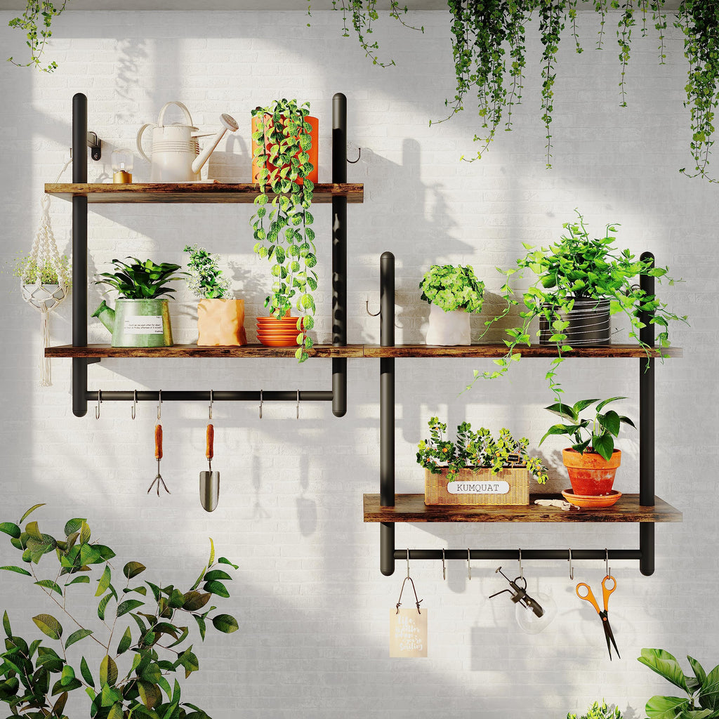 24" 2 Tier Industrial Pipe Wall Shelf with 8 Hooks, Rustic Brown