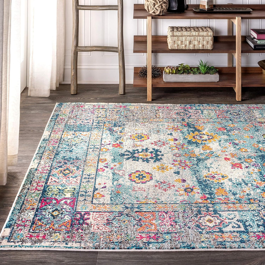 Boho Vintage Navy/Cream Indoor Area Rug, Bohemian Flair Medallion, Chic, Floral, High Traffic, Pet Friendly