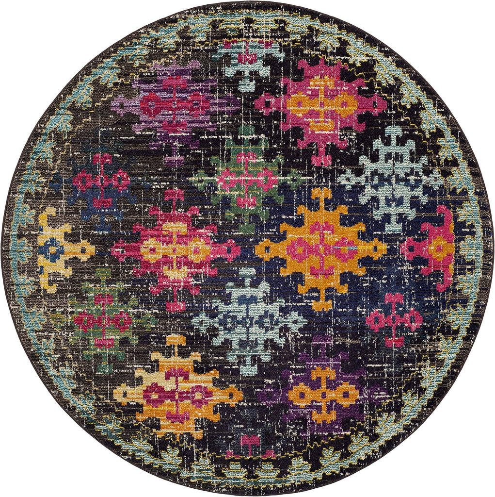 Monaco Collection Area Rug - 6'7" Round, Multi, Boho Diamond Trellis Design, Non-Shedding & Easy Care, Ideal for High