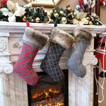 19'' 3 PCS Buffalo Plaid Christmas Stocking Decoration with Faux Fur Cuff Themed with Xmas Holiday Party Fireplace
