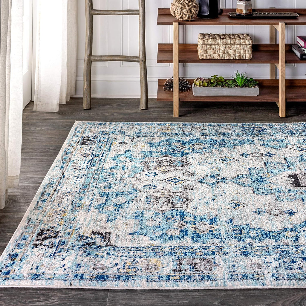Modern Boho Vintage Medallion Cream/Blue Indoor Area Rug, Bohemian, Traditional, Easy-Cleaning, Pet Friendly