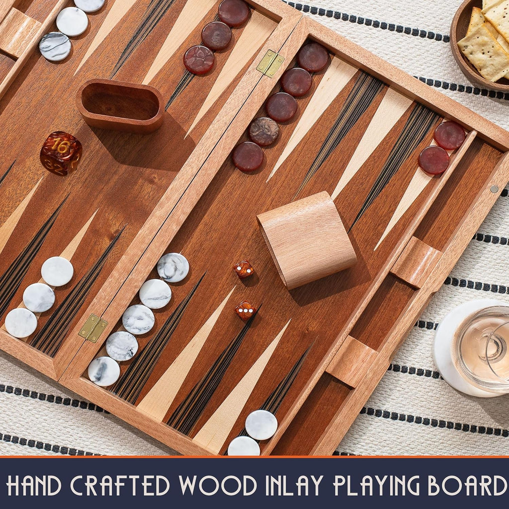 17 Inch Backgammon Sets for Adults. Beautiful Wood Inlaid Backgammon Board Game Set with Unique Checkers & Dice.
