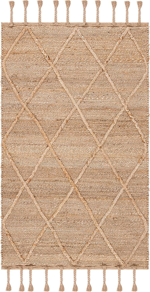 Natural Fiber Collection Accent Rug, Natural, Farmhouse Rustic Moroccan Trellis Braided Tassel Jute Design