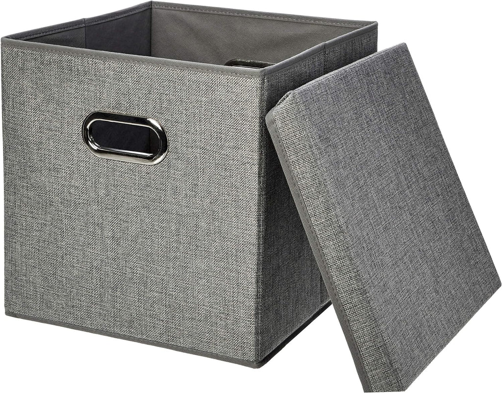 Foldable Burlap Cloth Cube Storage Bins with Lid, Collapsible Organizing Containers, Stackable and Sturdy, Gray, Set