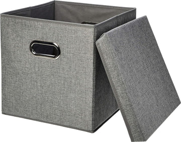 Foldable Burlap Cloth Cube Storage Bins with Lid, Collapsible Organizing Containers, Stackable and Sturdy, Gray, Set