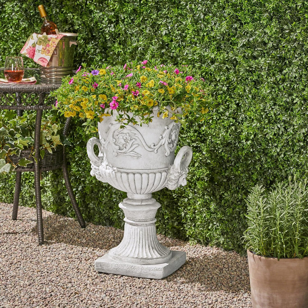 Adonis Traditional Roman Chalice Garden Urn Planter with Lion and Floral Accents, Antique White