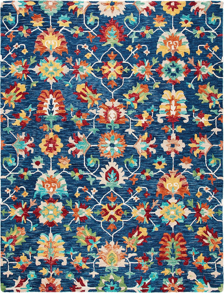 Aspen Area Rug - 10' x 14', Navy & Red, Handmade Boho Floral Wool