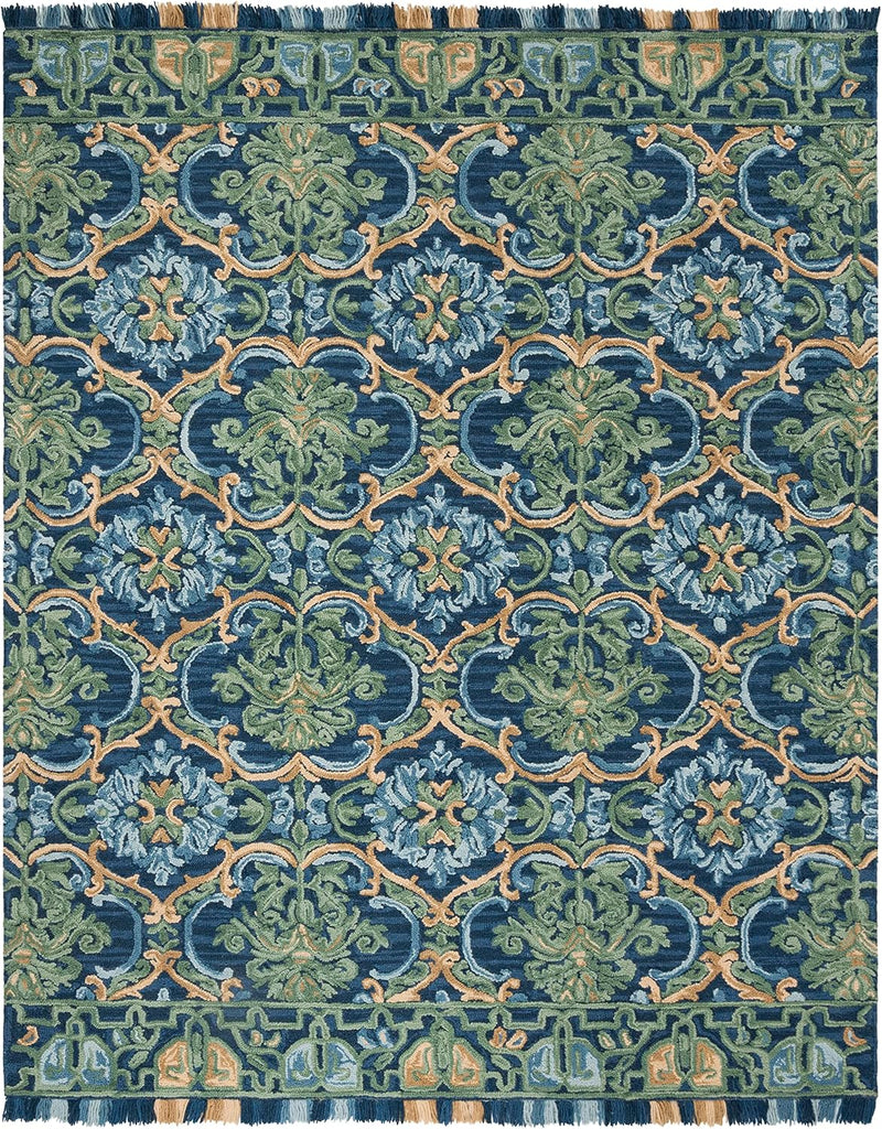 Blossom Area Rug - 10' x 14', Navy & Green, Handmade Boho Fringe Wool