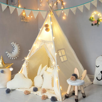 Kids Teepee Tent with Padded Mat, Banner, Fairy Lights, Yarn Ball, Carry Bag, Beige Cotton Canvas Play Tent for Child