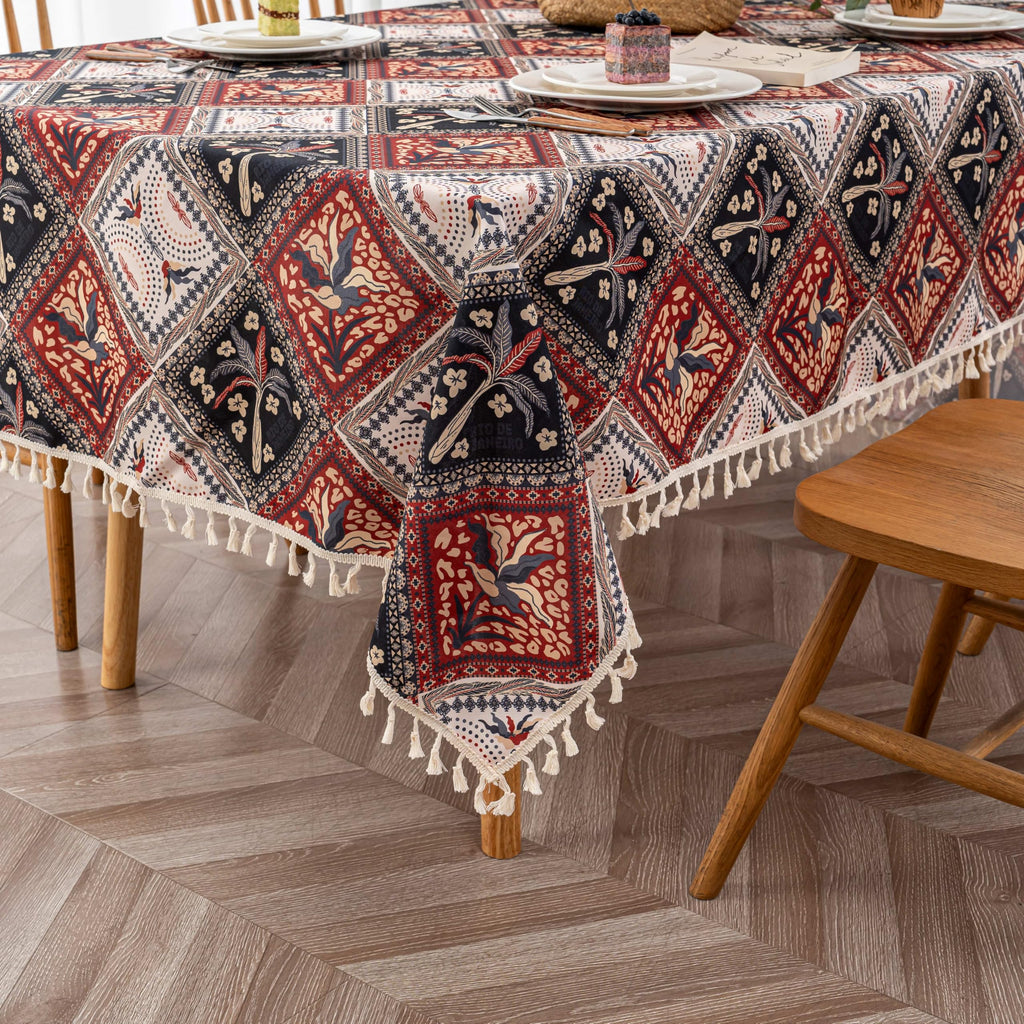 Boho Rectangle Tablecloth with Tassels, 59 x 102 in, Diamond