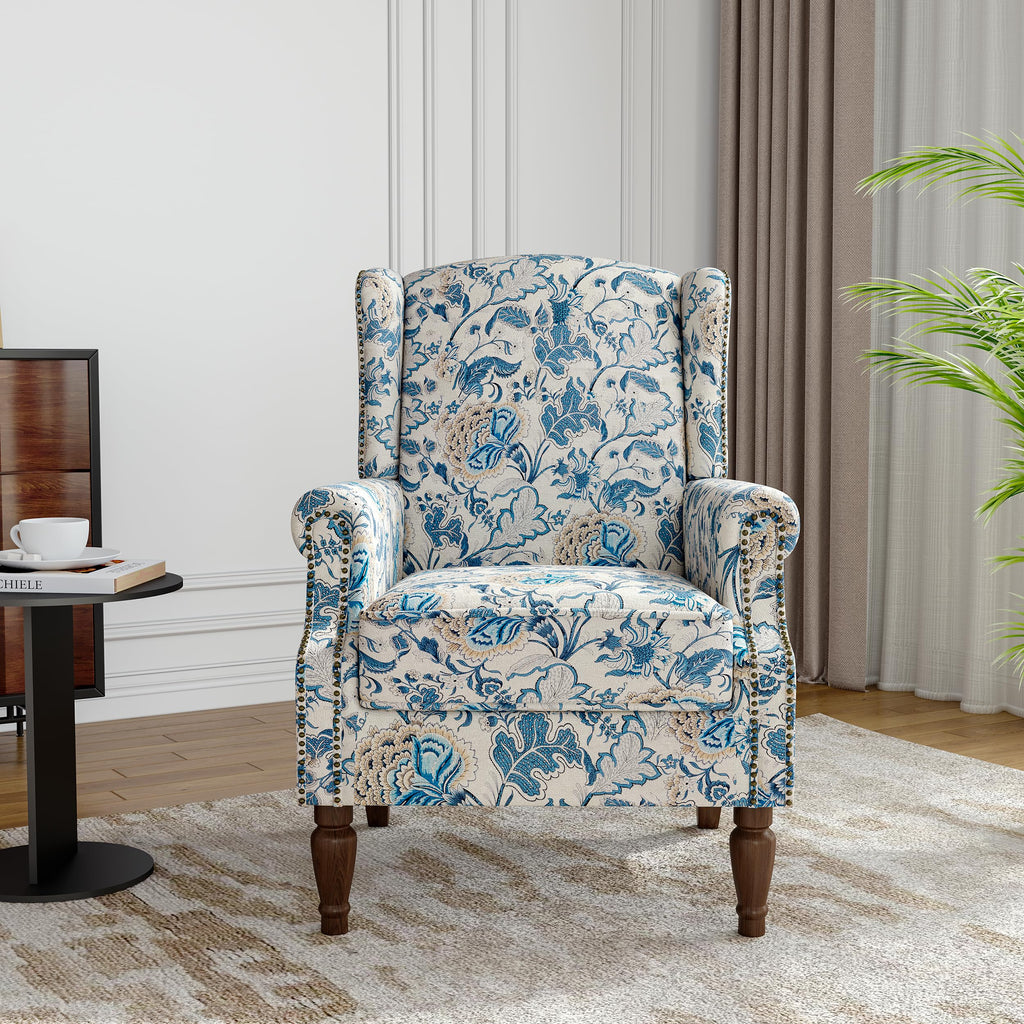 Wingback Accent Chairs Set of 2, High Back Upholstered Armchair, Boho Blue