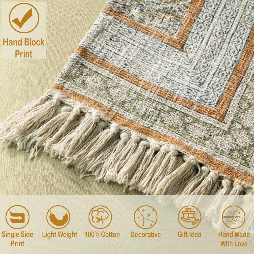 100% Pure Cotton Woven Breathable Handblock One Side Printed Throw Blanket, 50" x 60" Fringed Floral Print Decorative
