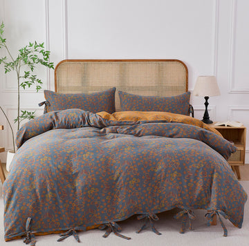 Vintage 3Pcs Queen Size Duvet Cover Set 100% Washed Cotton Double Layer Gauze Ultra Soft Breathable Vintage Butterfly