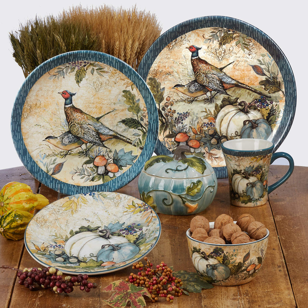Harvest Gatherings 16-Piece Ceramic Dinnerware Set, Service for 4 - Multicolor Fall Plates, Bowls & Mugs with Pumpkin