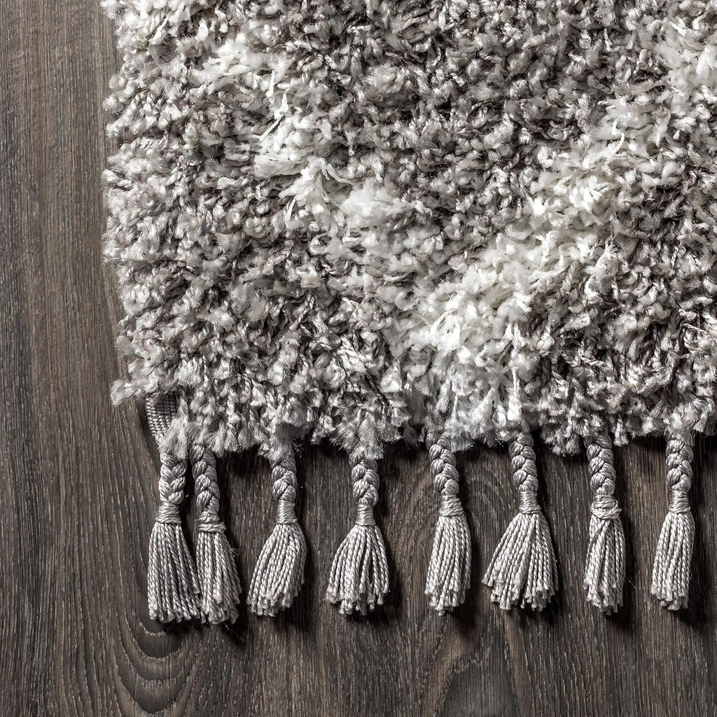 Mercer Shag Plush Tassel Gray/Ivory Indoor Area Rug, Moroccan Geometric Trellis, Contemporary, Easy-Cleaning