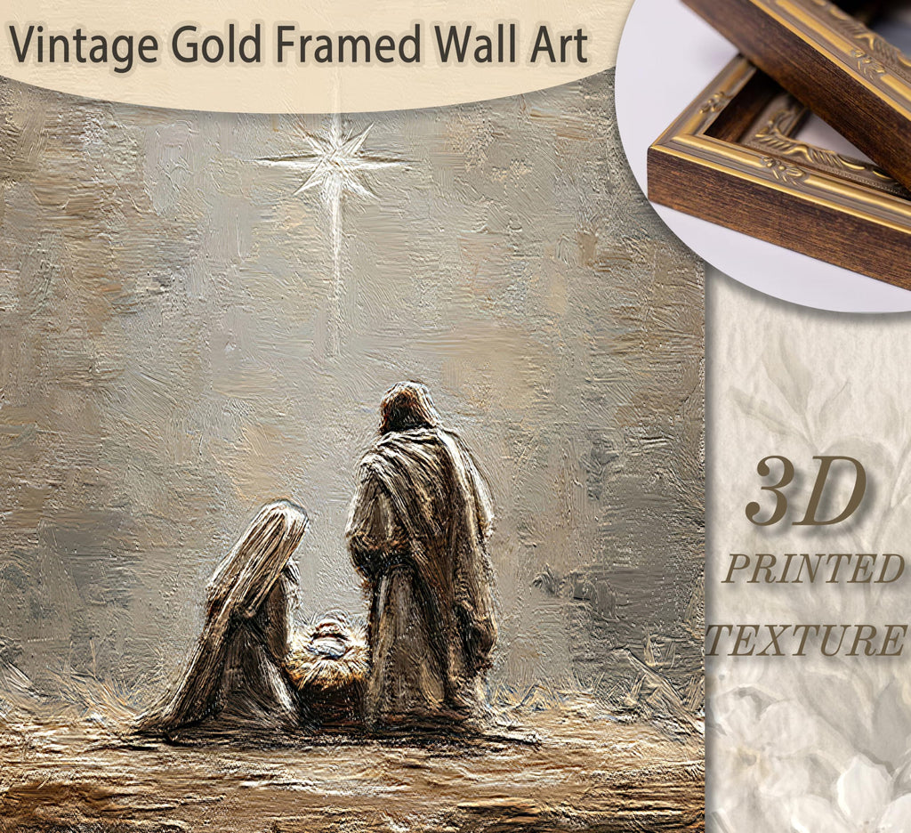 Vintage Framed Nativity Scene Textured Painting Wall Art