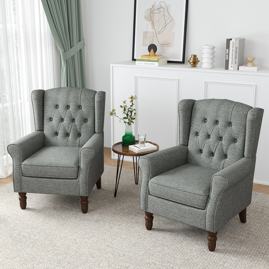 High Back Accent Chairs Set of 2, Button-Tufted Wingback Chair, Grey