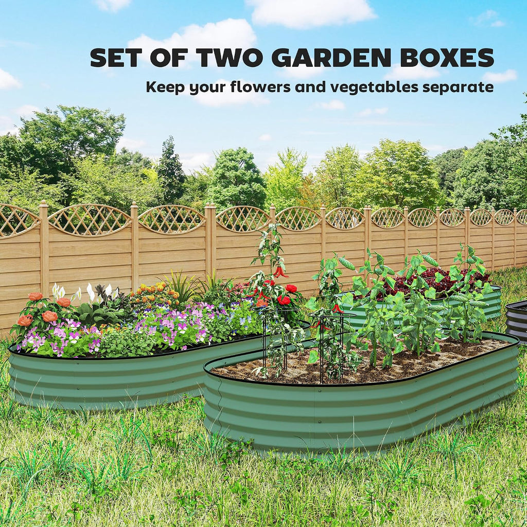 2PCS Galvanized Raised Garden Bed, 7' x 3' x 1', Green | Metal Raised Beds for Gardening, Plant Support Stakes