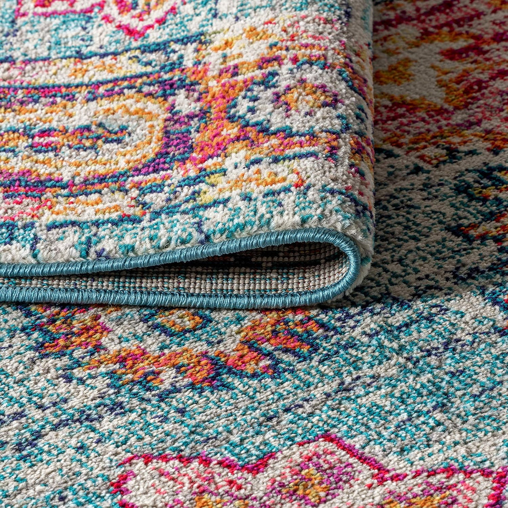 Vintage Boho Blue/Red Indoor Area Rug, Bohemian Flair Traditional Medallion, Floral Easy-Cleaning High Traffic