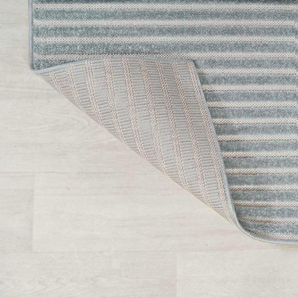 Aarhus High-Low Striped Blue Indoor/Outdoor Area Rug 8x10, Minimalist Geometric, Classic, Farmhouse, Cottage, Vintage