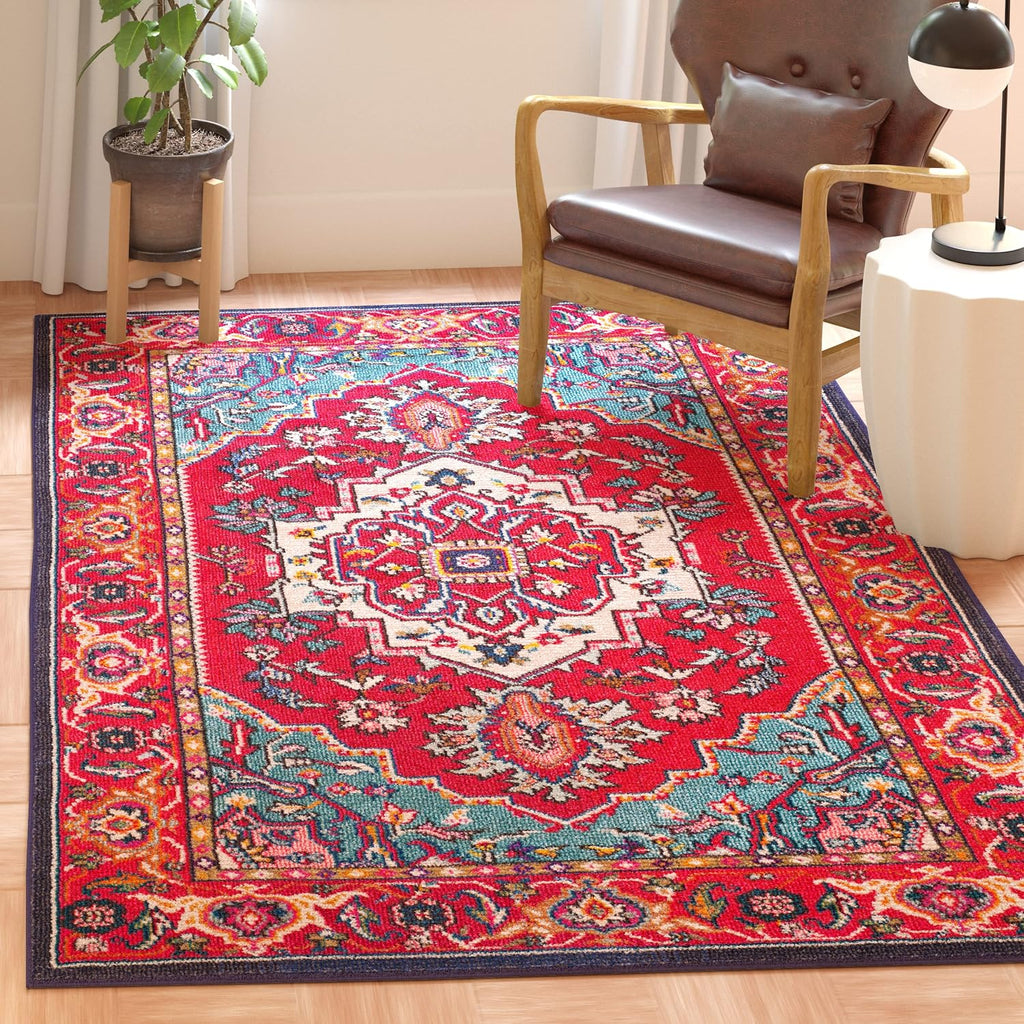 Monaco Collection Area Rug, Red & Turquoise, Boho Oriental Medallion Design, Non-Shedding & Easy Care