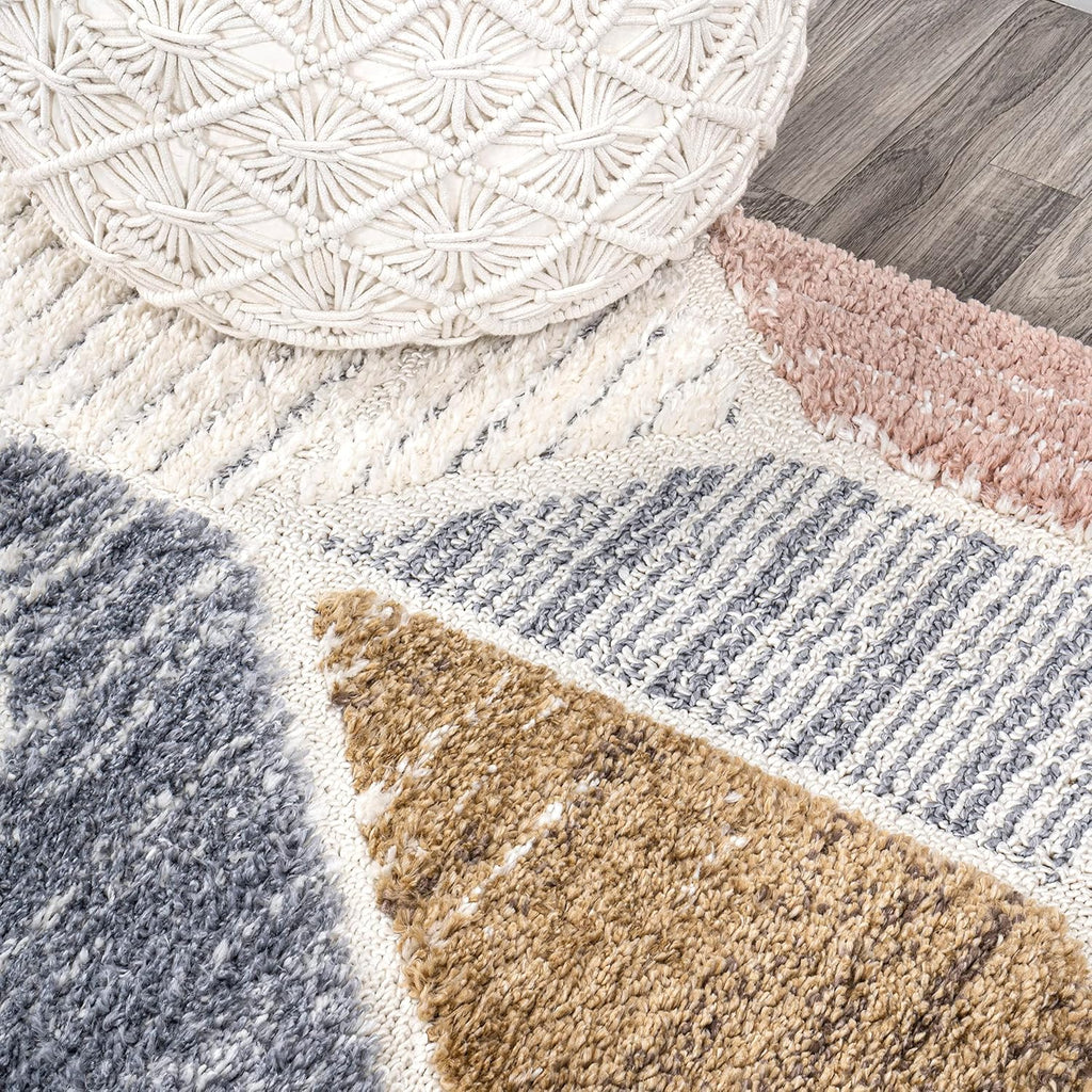 Colorblock Carved High-Low Multi Runner Rug 2X8 ft, Aileen Geometric Scandi, Easy-Cleaning, High Traffic