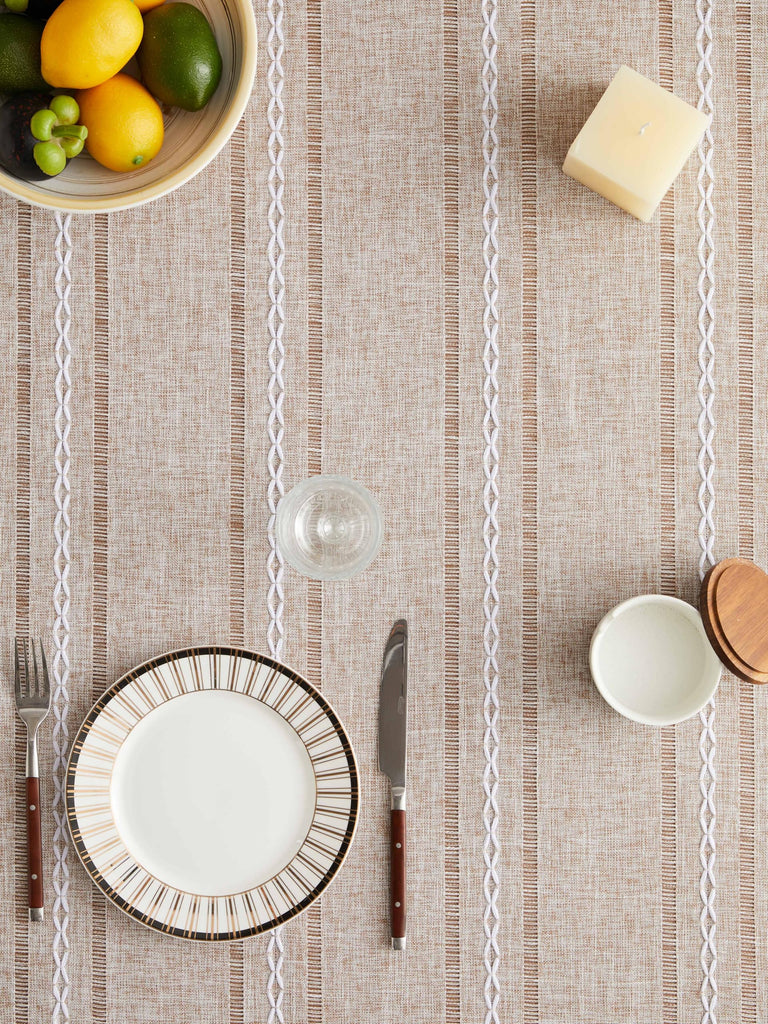 Hemstitched Striped Boho Table Cloth, 60 Inch Round Natural