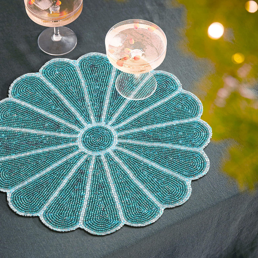Beaded Placemats 13 Inch, Teal Silver Round Single Pack