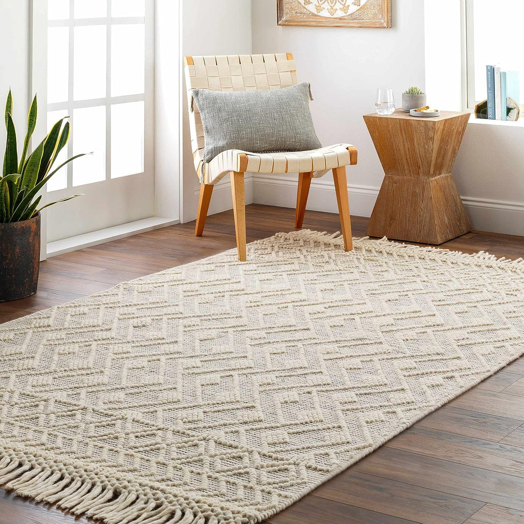 Erica Wool Living Room, Bedroom Area Rug - Geometric Diamond Trellis Border - Traditional Transitional Scandinavian
