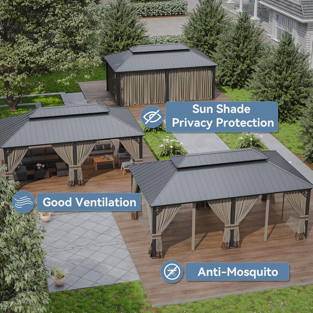 12' x 20' Hardtop Outdoor Metal Gazebo with Galvanized Steel Double Roof Canopy, Netting and Curtain