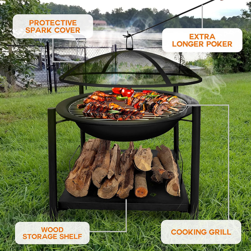 Outdoor Wood Fire Pit - 26" Steel BBQ Grill with Mesh Spark Screen, Log Grate, Fire Poker & Cover for Camping, Picnic