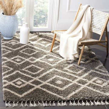 Moroccan Fringe Shag Collection Area Rug, Grey & Cream, Boho Tribal Design, Non-Shedding & Easy Care