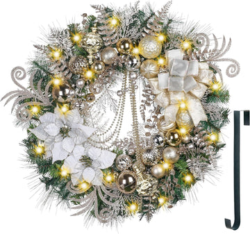 30'' Pre-Lit Christmas Wreath for Front Door with Light, Large Lighted Outdoor Christmas Wreath with White Gold Xmas