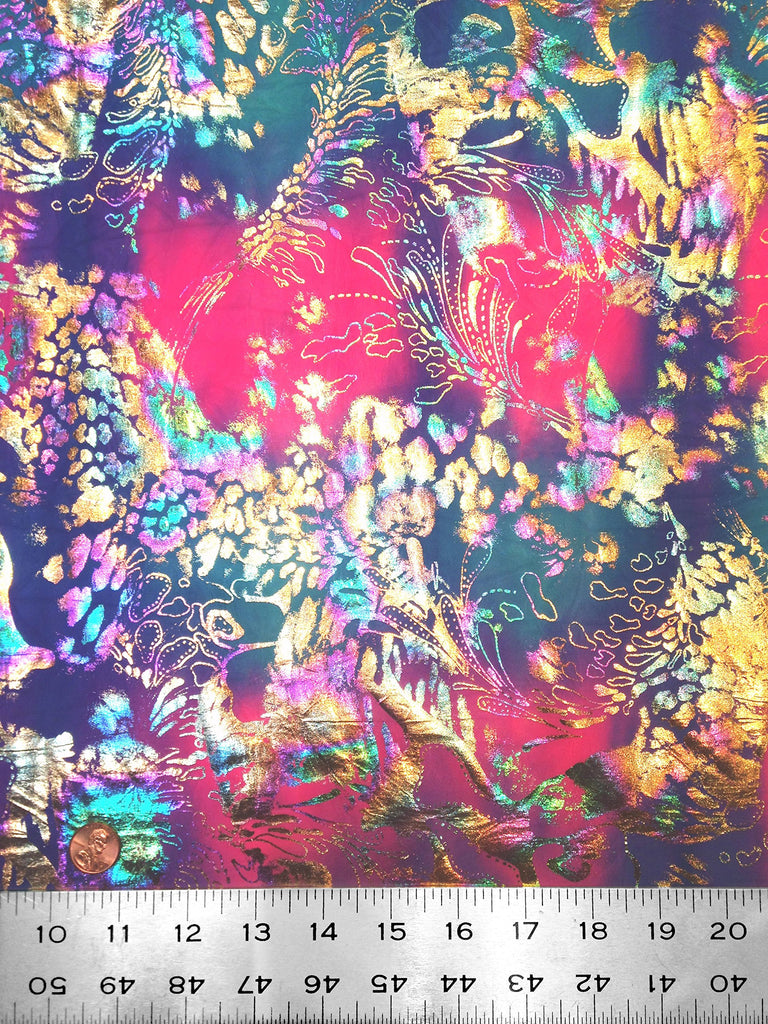 Shiny Rainbow Foil Abstract Pattern on Bright Crease Stretch Nylon Spandex Fabric by The Yard (Hot Pink/Turquoise)