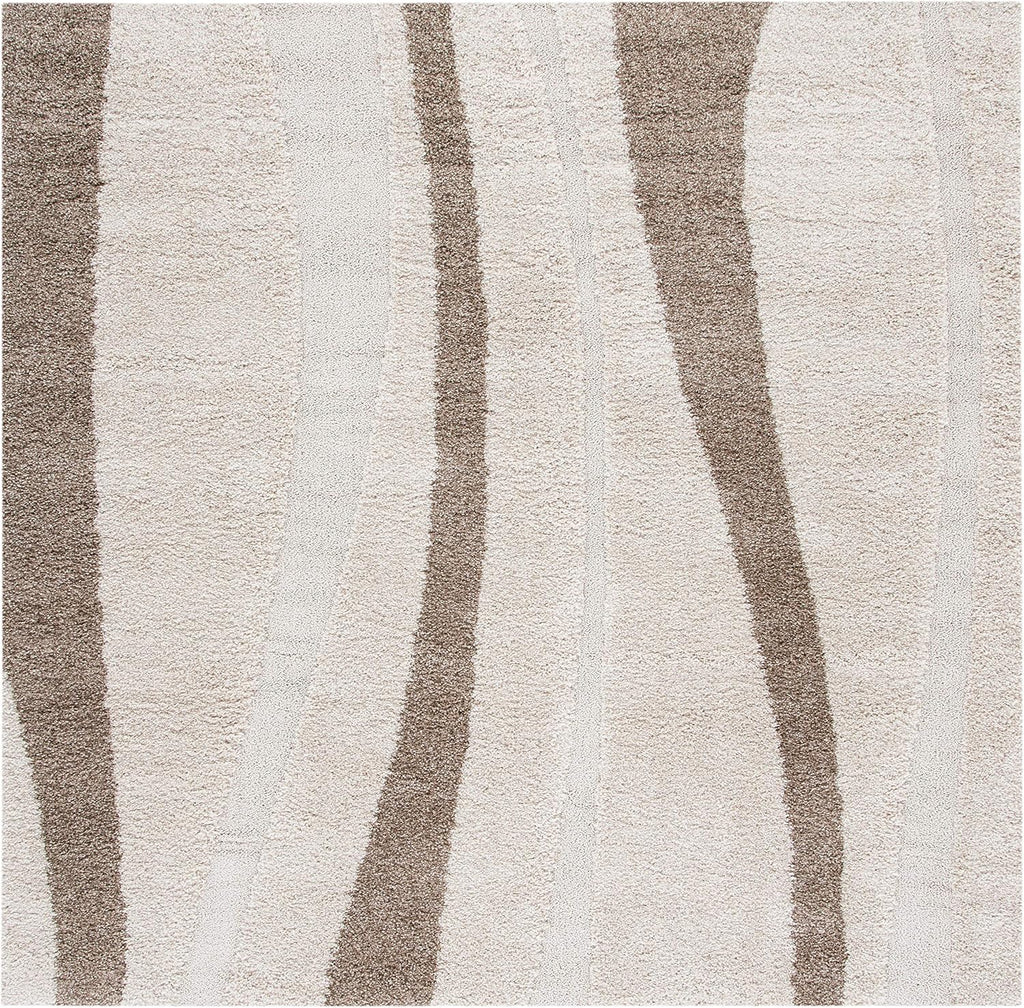 Florida Shag Collection Area Rug - 5' Square, Cream & Dark Brown, Stripe Design, Non-Shedding & Easy Care, 1.2-inch